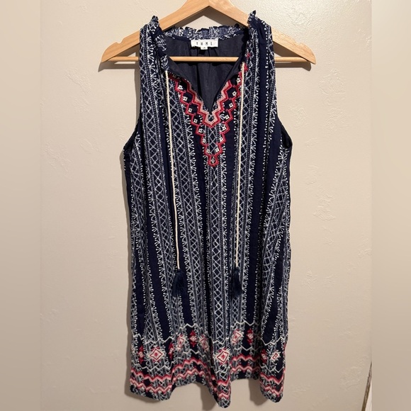 Anthropologie THML Navy, Red & White Embroidered Swing Dress Tassel Accents Med - Picture 2 of 14